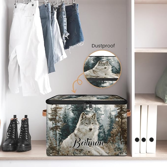 Storage-Bins with Lids Handle Customized Stackable-Storage-Bin for Kids-Boys-Girls-Toys Cube Collapsibl Basket Trees Wolf