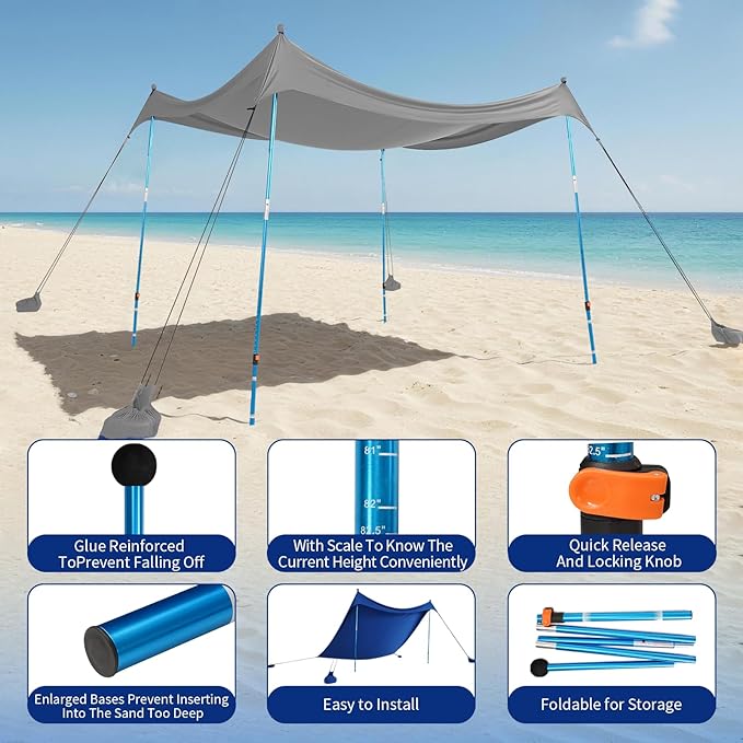CROWN SHADES 10x10 Beach Tent Sun Shelter Easy Pop Up Beach Canopy Shade Portable Outdoor Carpas UPF50+ Includes 4 Poles Adjustable Aluminium Extra-Large Big Sand Shovel Grey