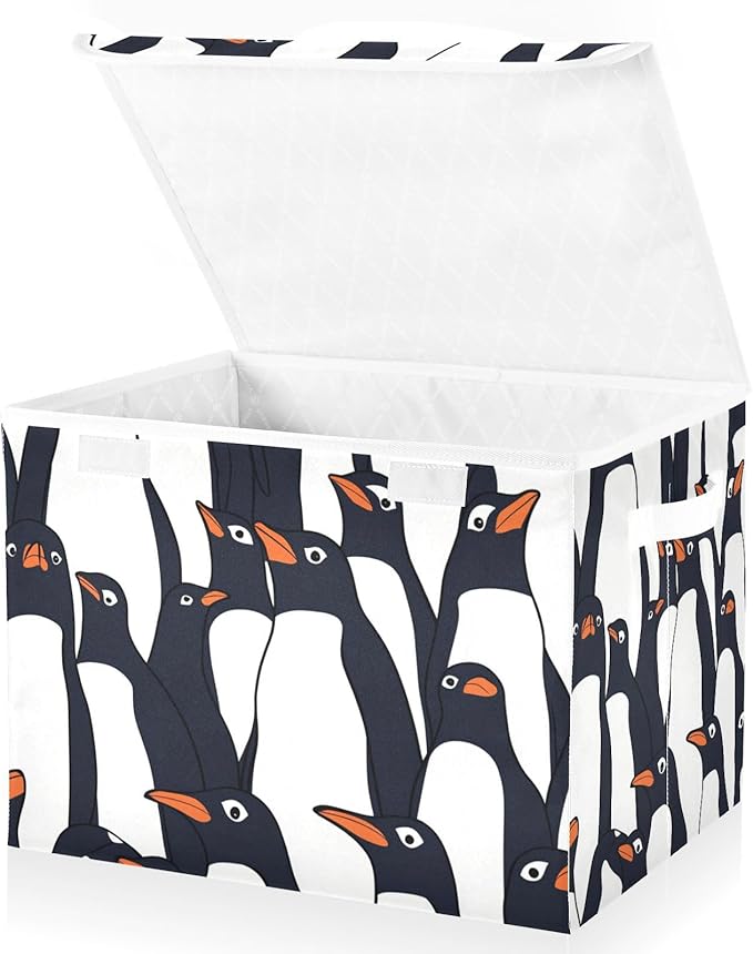 Collapsible Storage Bins with Lids Decorative Fabric Storage Cubes Closet Organizer and Storage Basket Boxes Containers for Clothes Box Chest Nursery Folding Rectangle Black White Penguin