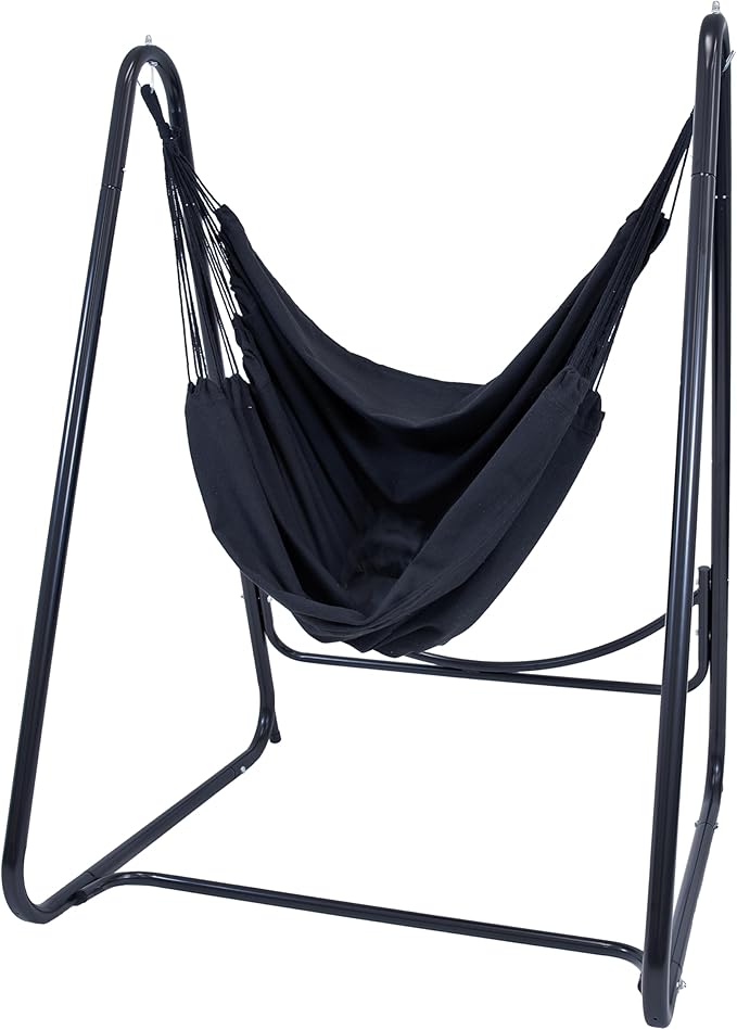 Sunnydaze Patio Hammock Chair with Stand - Hanging Hammock Swing Chair with Stand for Outside - Heavy-Duty Steel - A-Frame - Black