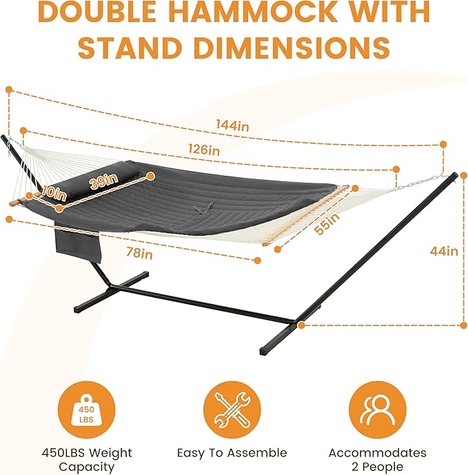 Lazy Daze Hammocks 2 Person Portable Hammock with 12FT Stand Double Hand Woven Cotton Rope Hammock with Detachable Quilted Pad &amp Pillow for Outside 450lb Capacity Grey