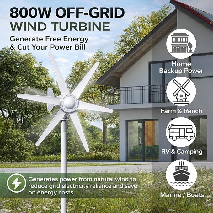 800W Horizontal Wind Turbine Generator 12V 24V Output 6 Blade Nylon 3 Phase AC Generator Built In Controller for Home Yard Farm RV Off Grid Use 1.0m/s Low Wind Start Power White