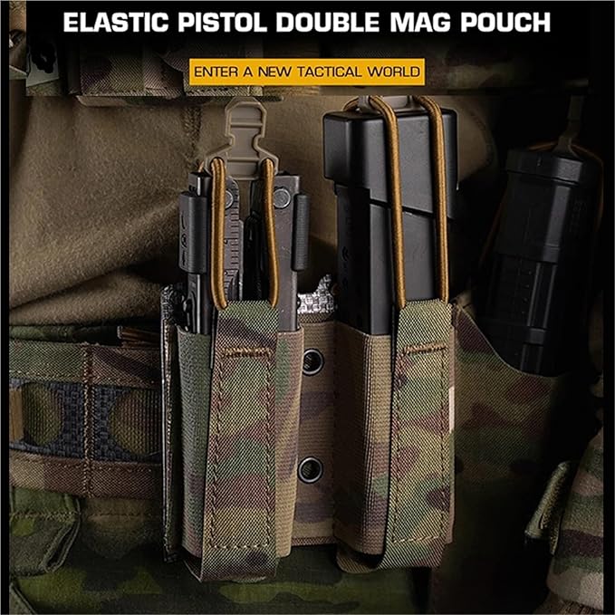 Tactical Double Elastic Mag Pouch - 9mm/40 MOLLE Waist Belt Bag for Flashlight &amp Tool Holster Hunting Airsoft Shooting Gear