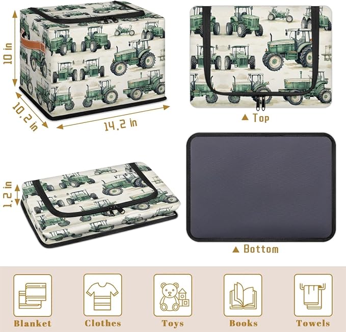 Tractor Truck Storage Bins with Zipper Lid Collapsible Fabric Storage Basket with Leather Handles Closet Shelf Cloth Organizer Basket for Nursery Bedroom Clothes Toy