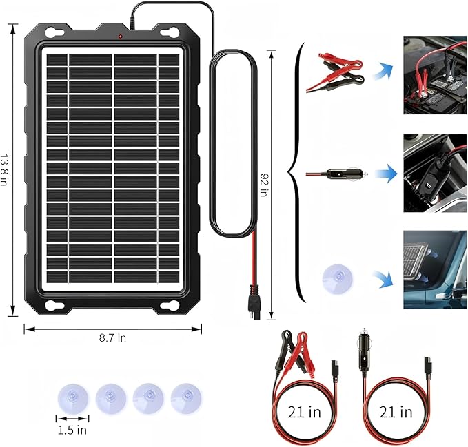 POWOXI-9W-Solar-Battery-Trickle-Charger-Maintainer -12V Portable Waterproof Solar Panel Trickle Charging Kit for Car Motorcycle Boat Marine RV Trailer Powersports Snowmobile etc.