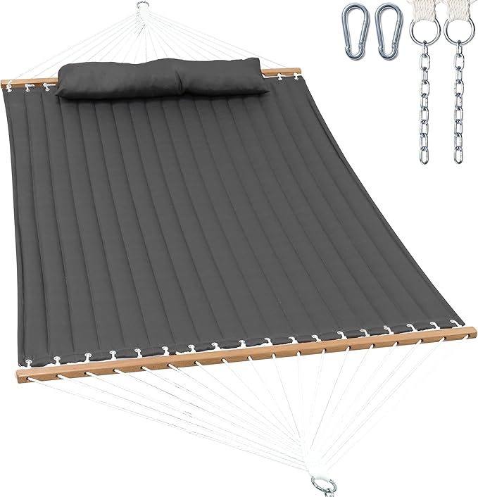 GAFETE Hammock 2 Person Quilted Fabric Hammocks for Outside Double 12ft Hammocks with Spreader Bar Large Removable Pillow Storage Bag Carabiners Max 475 lbs Capacity (Dark Grey)