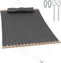 GAFETE Hammock 2 Person Quilted Fabric Hammocks for Outside Double 12ft Hammocks with Spreader Bar Large Removable Pillow Storage Bag Carabiners Max 475 lbs Capacity (Dark Grey)