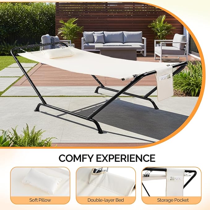 ONCLOUD Freestanding Hammock with Stand 600LBS Heavy Duty Outdoor Hammock Cofy Outdoor Hammock with Stand Hammock Bed for Yard Deck Patio Hammock with Soft Pillow &amp Storage Bag (White)