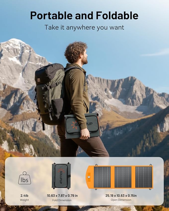 SOLUPUP Solar Panels 30W Portable Foldable Solar Charger with 5V USB-A and USB-C Fast Charging Compatible with iPhone iPad Samsung Power Banks IPX5 Waterproof Perfect for Camping Hiking Outdoor