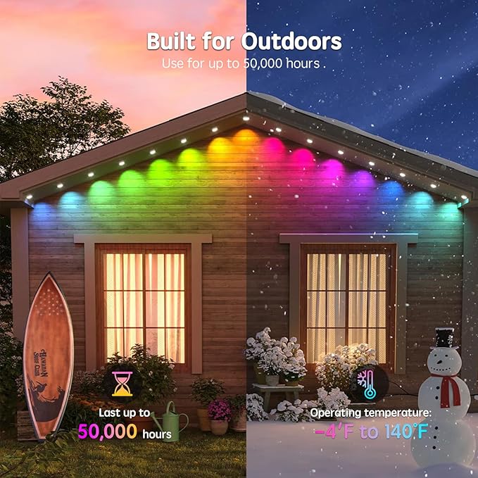150FT Permanent Outdoor RGB Lights - IP65 Waterproof with Smart App Control Remote DIY Scene Modes Music Synchronization Eaves Lights For Garden Decor Deck Christmas Party Party HalloweenRoof
