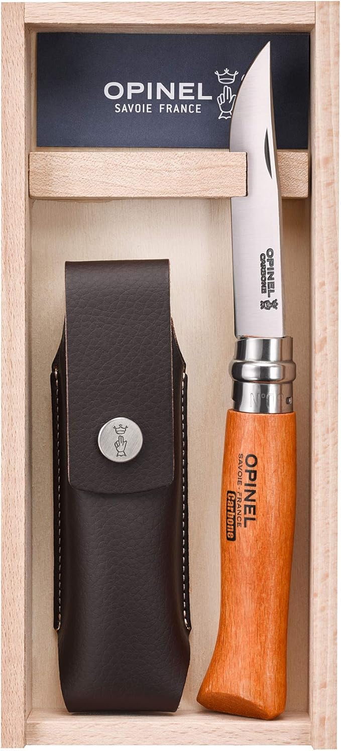 Opinel Carbon No. 8 Folding Pocket Knife with Sheath Wooden Slide Gift Box