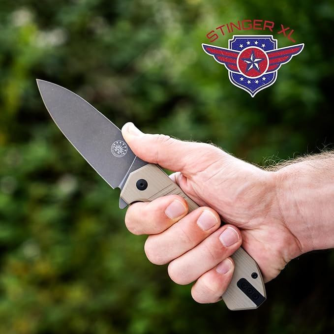 Off-Grid Knives - STINGER XL Folding Knife 154CM Steel Full Flat Grind G10 Scales Ceramic Bearings Drop-Shut Action Deep Pocket Clip Left or Right Hand Carry Camping &amp Tactical Use (Coyote