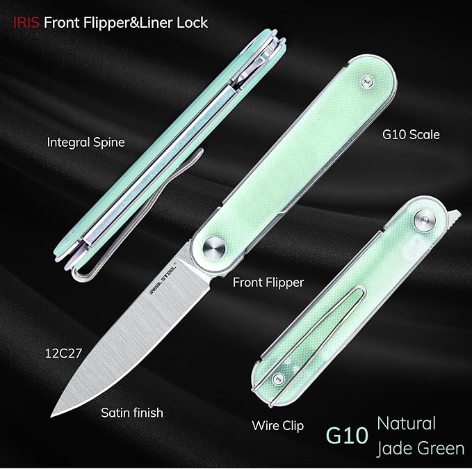 REALSTEEL IRIS Pocket Knife Folding Knife Front Flipper Liner Lock 2.99 12C27 Steel Blade Lightweight G10 Handle 1.74oz Deep-carry Pocket Clip EDC Outdoor Indoor Gifts for Men Women Camping