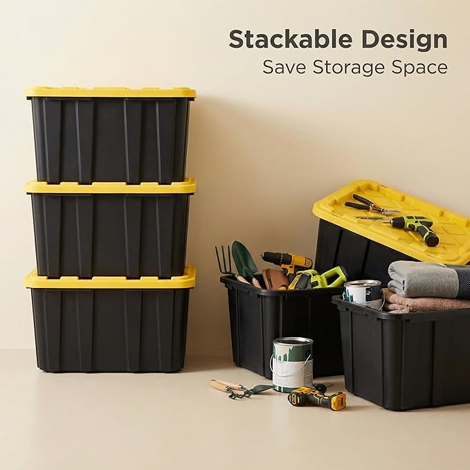 6-Pack 27-Gallon Heavy Duty Storage Bins Stackable Plastic Container with Snap Lid Organizer Tote for Garage Attic Closet Basement Truck Bed - Black and Yellow