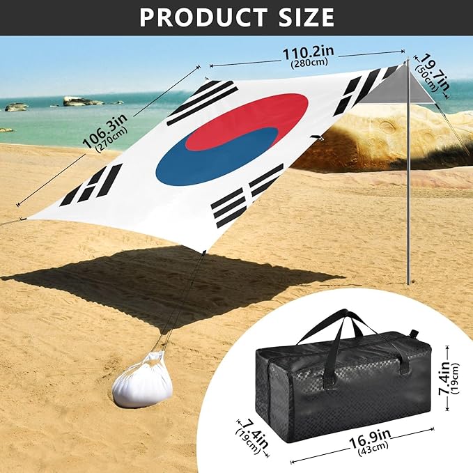 South Korea Flag Beach Cabana Tent UPF50 Easy Setup Large Sun Shelter with Sturdy Poles Sandbags and Shovel for Backyard and Camping
