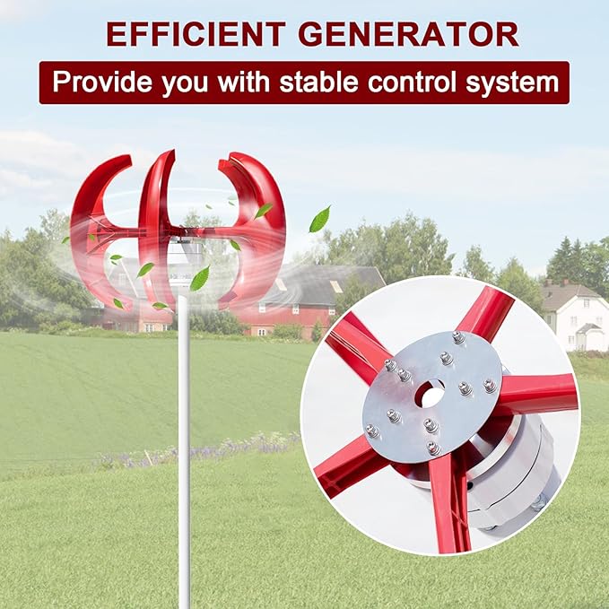 1000W 12V/24V Vertical Wind Turbine Generator Kit Low Noise Wind Power System High-Efficiency Windmill with Permanent Magnet Alternator Nylon Fiber Blades for Home Use Red