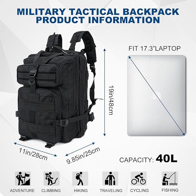 Tactical Backpack for Men 40L Military Molle Backpack Large 3 Day Assault Pack Rucking Backpack for for Hiking Camping Travel Fishing Outdoors (Black)