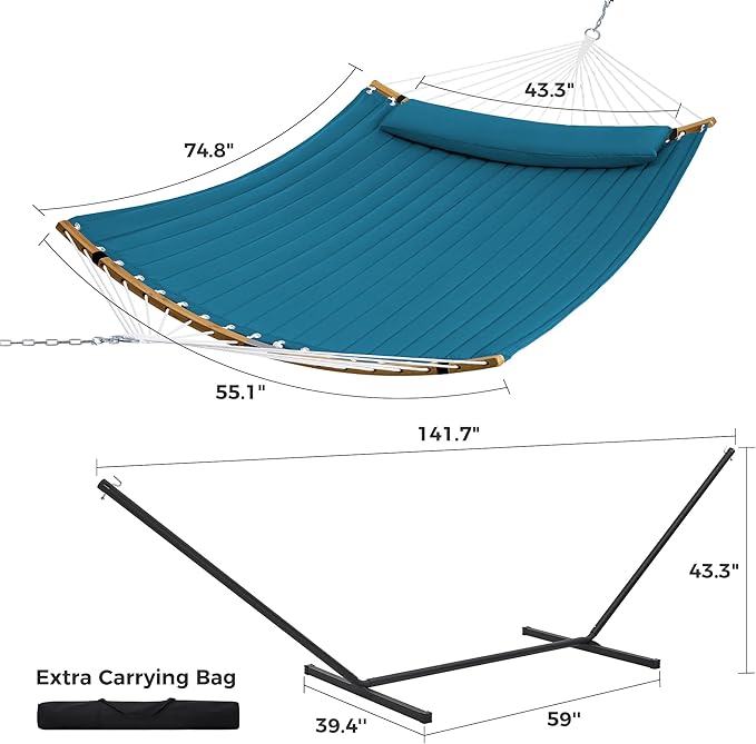 SUPERJARE Curved-Bar Hammock with Stand 2 Person Heavy Duty Hammock Frame Detachable Pillow &amp Portable Carrying Bag Perfect for Outdoor &amp Indoor Peacock Blue