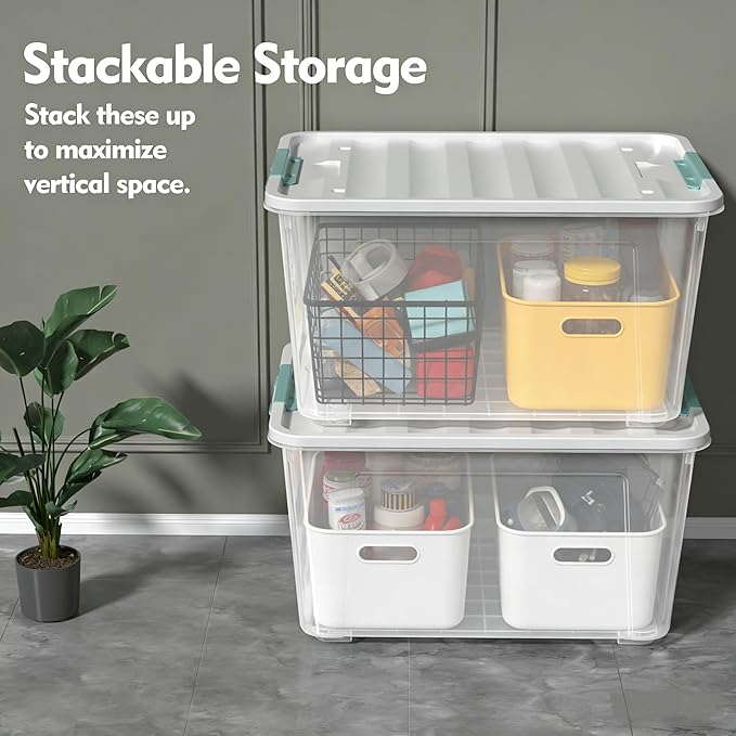 4-Pack 85 Quart Plastic Storage Bin Stackable and Nestable Storage Boxes with White Lids and Secure Latching Buckles Large Storage Container