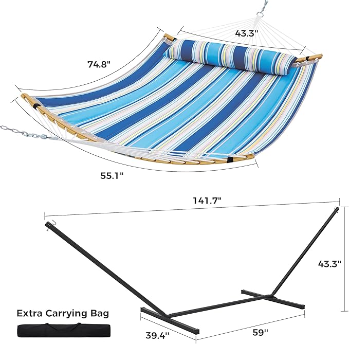 SUPERJARE Curved-Bar Hammock with Stand 2 Person Heavy Duty Hammock Frame Detachable Pillow &amp Portable Carrying Bag Perfect for Outdoor &amp Indoor Holiday Voyage Stripe