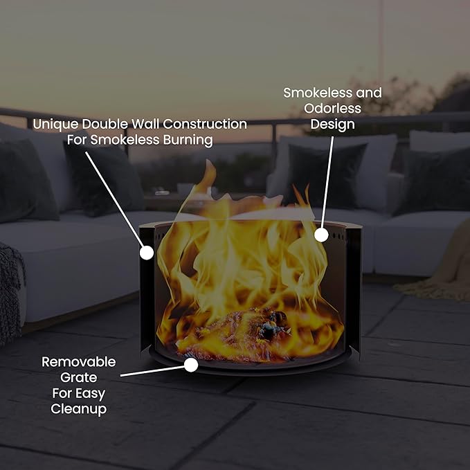 Flash Furniture Titus Commercial Grade Wood Burning Smokeless Outdoor Firepit - Bronze Finish - 27 inches - Portable - Waterproof Cover