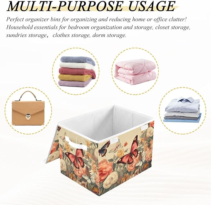 Butterfly Garden Colorful Collapsible Storage Bins with Lids &amp Handles Foldable Storage Boxes Basket with Flip-Top Lid for Home Office 16.5” x 12.6” x 11.8”