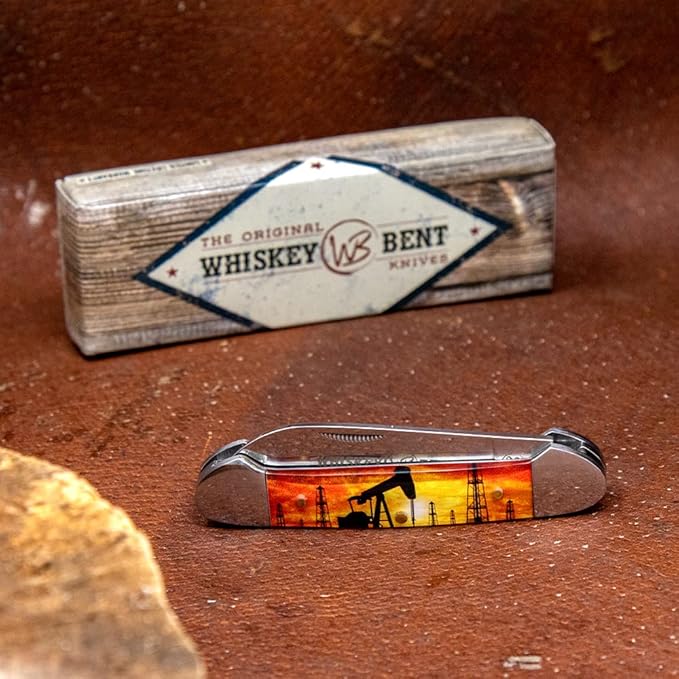 WHISKEY BENT HAT CO. Traditional Canoe Folding Knife 3.63 Closed Length 440C Stainless Steel Blades (Pump Jack Sunset)