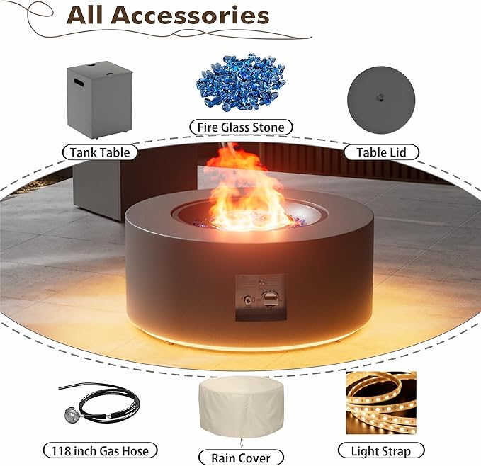 30 Round Propane Fire Pit Table - 50K BTU with Lid Rocks Tank Storage and Cover - Round Gas Fire Pits for Outside Patio - Outdoor Table with Firepit (Grey/Golden Light 30 Round)