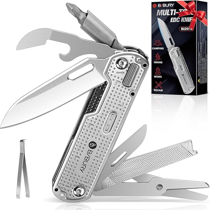 BIBURY Multitool Pocket Knife BI2056 Stainless Steel Multi Tool Knife with Clip Folding Multitool EDC Knife with Magnetic LockingScrewdriverLarge ScissorsGlass Breaker for Survival Camping Hiking