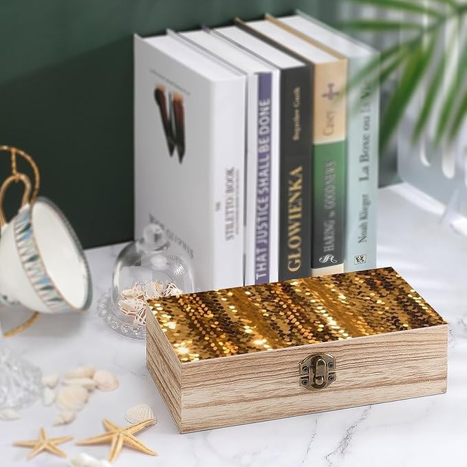 Wood Storage Box with Lid Gold Sequin Sparkle Wooden Box Storage Box For Home Decoration Perfect for Souvenirs