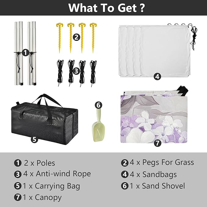 Purple Butterflies White Lilac Foldable Beach Cabana UPF50+ Easy Setup Shade Sun Shelter with Sturdy Poles Sandbags and Shovel for Family Trips Picnics &amp Camping