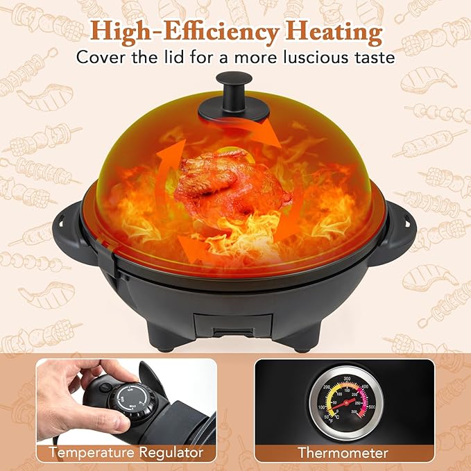 1200W Electric Grill Outdoor 2-in-1 Freestanding &amp Tabletop BBQ Grill w/Thermometer Nonstick Griddle Lid &amp Drip Tray Portable Camping Grill for Patio Backyard Party Black