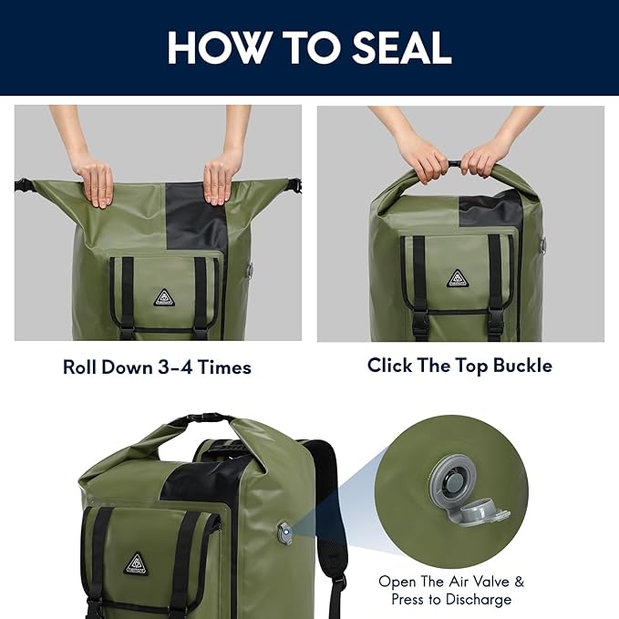 Haimont Dry Waterproof Roll Top Backpack Marine Dry Bag River Pack with Waist Belt Camping Surfing 60L Army Green/Black