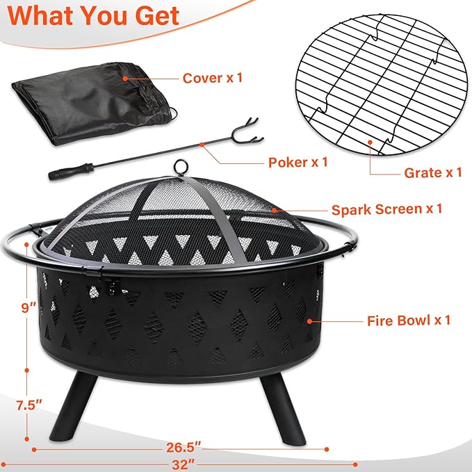 32 Inch Fire Pit Outdoor Burning Stove 2 in 1 Metal Round Fireplace for Outside Bonfire Party BBQ Camping Backyard Patio Garden w/Fire Poker Spark Screen Grate Cover (Rhombic)