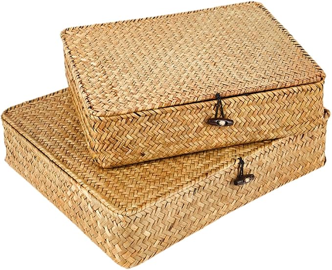 Cabilock 2pcs Woven Seagrass Storage Baskets Lid Decorative Organizers for Snacks and Household Items Natural Home Rustic Style Storage