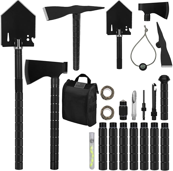IUNIO Survival Off-Roading Tool Kit 19 in 1 Folding Shovel Camping Axe Multitool Pickaxe with Carrying Bag for Outdoor Car Emergency (Upgrade Black)