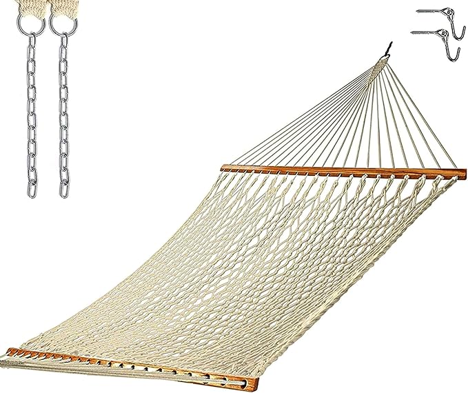 Castaway Living 13 ft. Double Traditional Hand Woven Oatmeal Polyester Rope Hammock – 2-Person 450 lb Capacity Free Extension Chains &amp Tree Hooks Designed in The USA