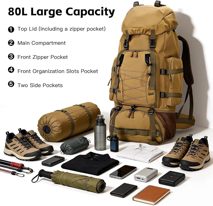 90L Camping Hiking BackpackMolle Military Tactical Rucksack BackpackWaterproof Lightweight Hiking Backpack (Khaki 90L)