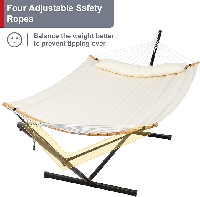 Outdoor Hammock with Stand Included Two Person Hammock with Curved Spreader Bar Pillow and Portable Bag 450 Lbs Capacity Beige
