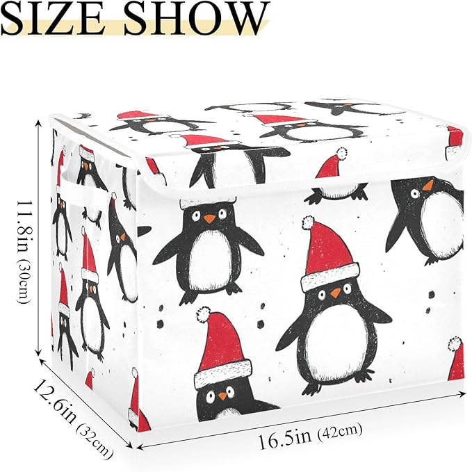 Collapsible Storage Bins with Lids Decorative Fabric Storage Cubes Closet Organizer and Storage Basket Boxes Containers for Clothes Box Chest Nursery Folding Rectangle White Penguin Christmas