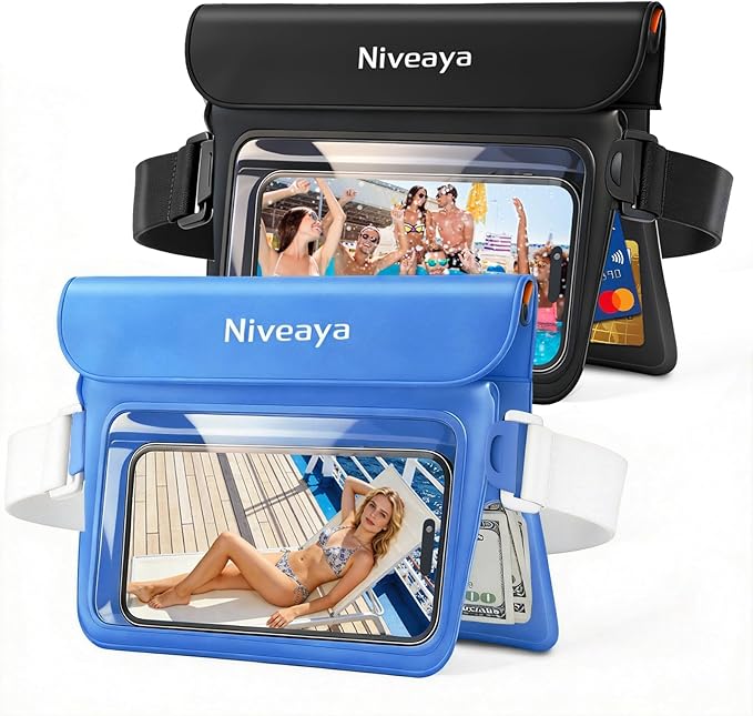 Niveaya Double Space Waterproof Fanny Pack IPX8 Waterproof Dry Bag Waist Pouch for Beach Kayaking Swimming Boat Travel Essentials Waterproof Phone Bag &amp Passport Holder for Women Men(2 Pack)