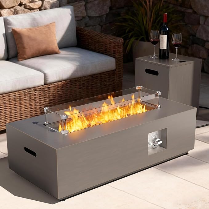 2-Piece 42 Rectangular Propane Fire Pit for Outside Patio with Hidden Tank Table 50000 BTU Fireplaces with Glass Wind Guard Lid Glass Rocks Cover(Sand Beige)