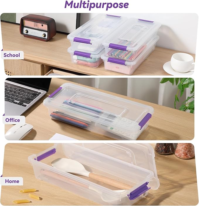 Clear Plastic Storage Bins with Lids Stackable Storage Box for Crafts Supplies (Small 8Pack Purple)