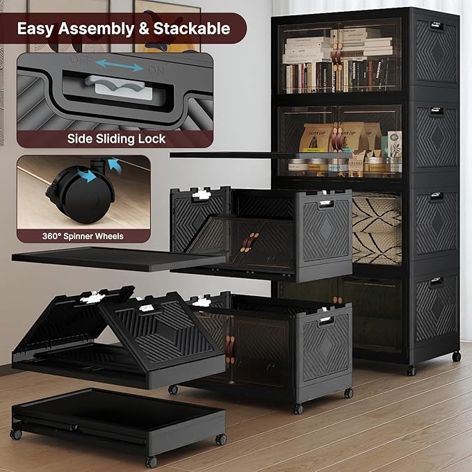 640Qt Stackable Storage Bins with Lids 4 Pack Large Collapsible Bins with Wheels Plastic Cabinet with Doors Foldable Closet Organizers and Storage for Home Dorm Office Black