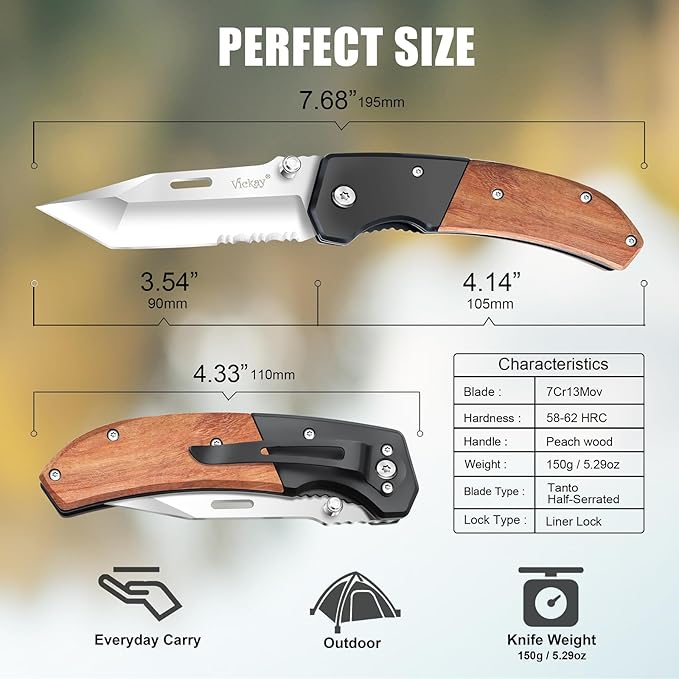 Vickay Pocket Knife Folding Knife with Clip - 3.54″ Tanto Serrated Blade Wood Handle EDC Knife for Men &amp Women Outdoor Camping Tactical Hiking Survival - Father’s Day Gift (Satin Silver)
