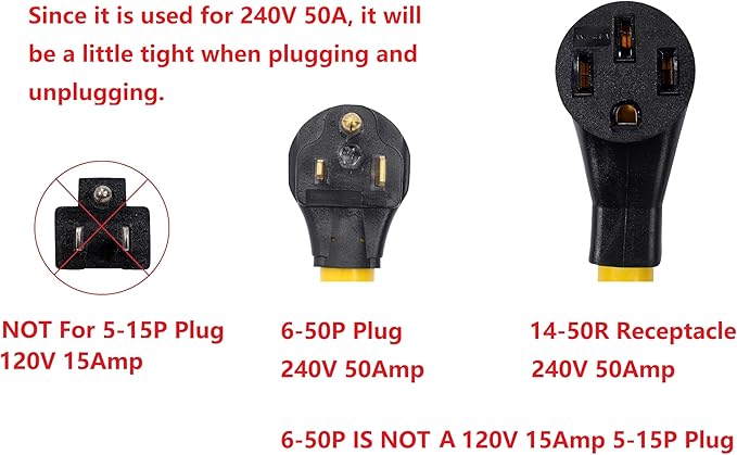 NEMA 6-50P to 14-50R 240V 50 Amp 3 Prong Male Plug to 50 Amp 4 Prong Female Outlet Receptacle Generator Welder Dryer Power Cord Adapter (1FT)