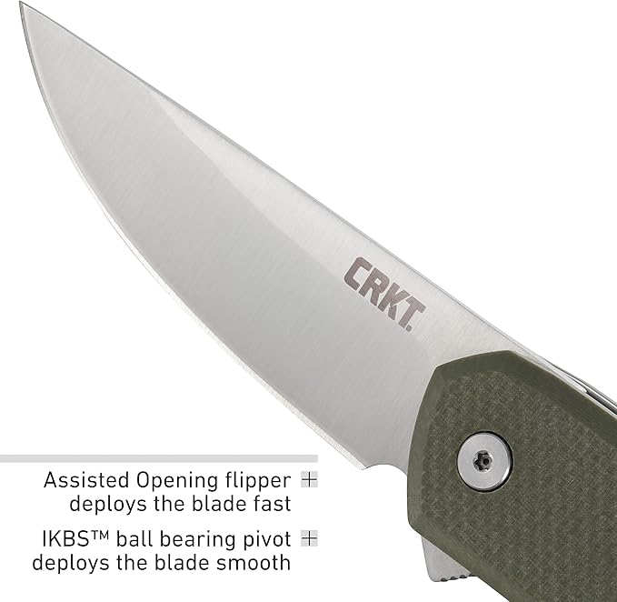 CRKT Tueto EDC Pocket Knife: Everyday Carry Utility Folder Plain Edge Drop Point Blade with Liner Lock Assisted Open Bead Blast Finish Olive Green G10 Handle 5325