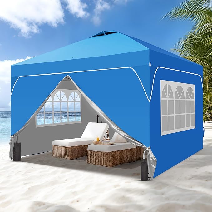 GDY 10x10 Patio Pop Up Canopy Tent with 4 Sidewalls Easy Set up with One Push Lift Outdoor Silver Coated Beach Gazebos Carpas with 4 Sandbags for Parks PartiesCamping Blue.