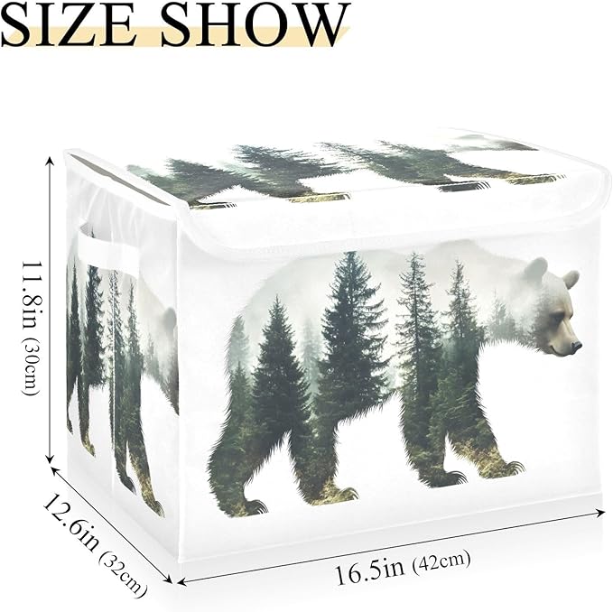 AIXIWAWA Lidded Storage Cube (Forest Bear) Fabric Foldable Closet Bins with Flip Lid and Handles Organizer Basket Container 16.5 x 12.6 x 11.8 IN