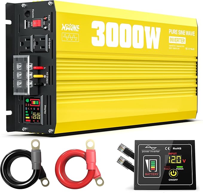 XWJNE 3000W Pure Sine Wave Power Inverter 12V DC to 120V AC Converter with LED Display and Remote Controller for Home RV Truck Off-Grid Solar Power